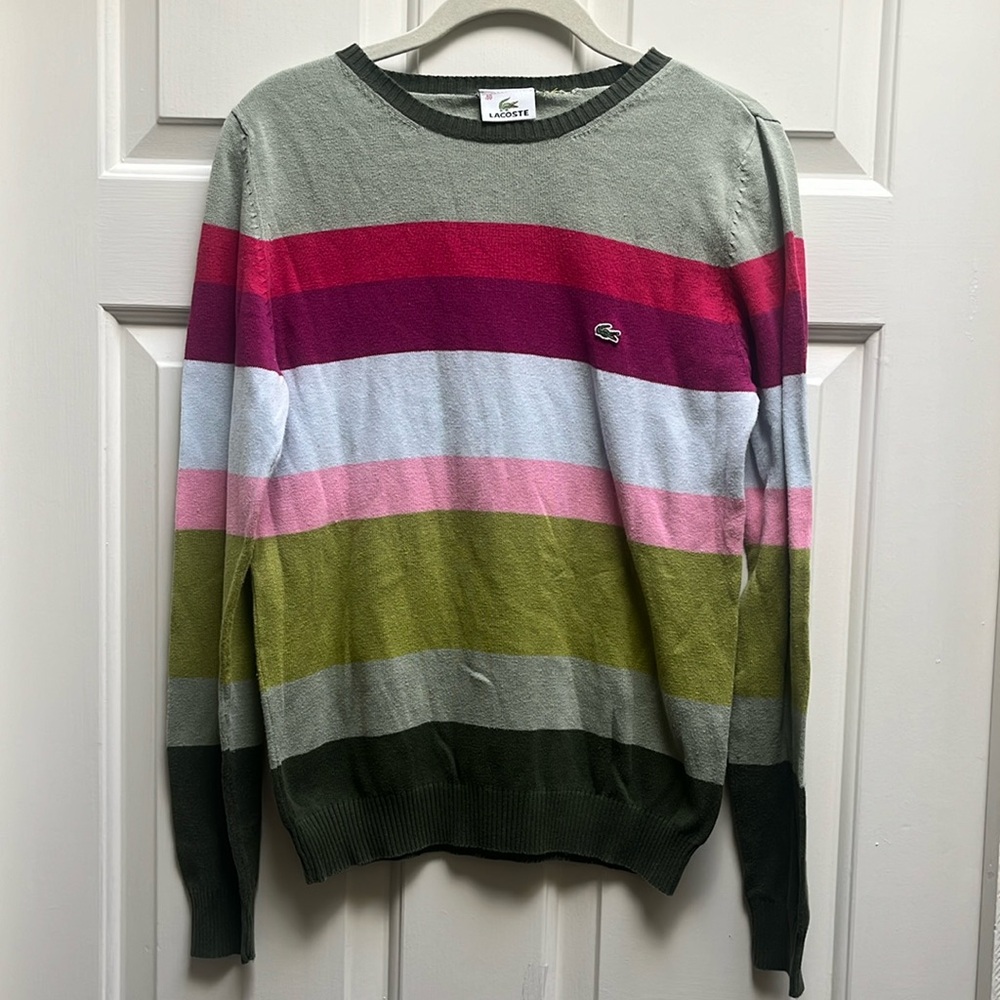 Lacoste stripe crew Neck Long Sleeve Light Weight Sweater Size 40 Cotton